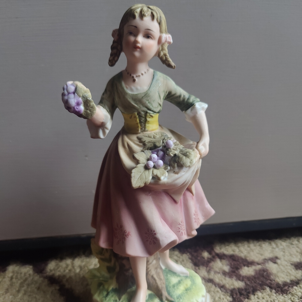 andrea Vintage Lady Figurine Holding Grape. Hand Painted. Made in Japan